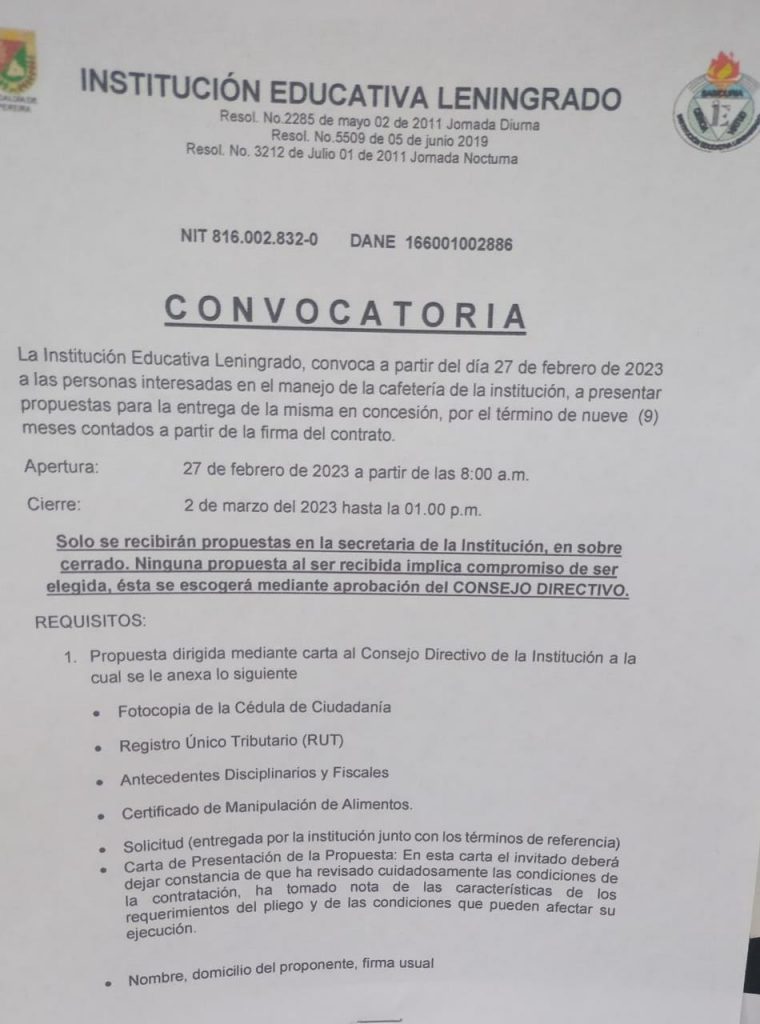 CONVOCATORIA CAFETERIA ESCOLAR – INSTITUCIÓN EDUCATIVA LENINGRADO